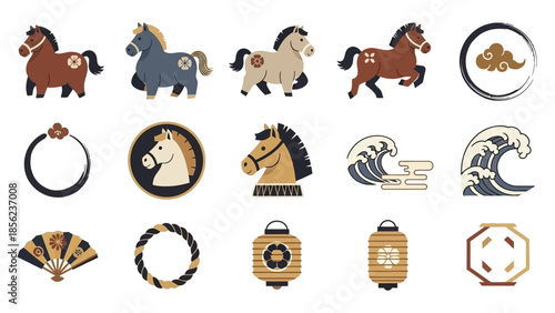 A collection of traditional Japanese-themed illustrations featuring stylized horses, iconic waves, decorative fans, lanterns, and various cultural motifs, perfect for design elements.