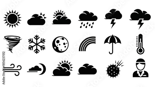 A collection of black silhouette weather icons including sun, clouds, rain, lightning, snow, wind, and other atmospheric conditions.