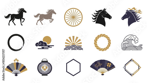 A collection of Japanese-style icons featuring horses, sun, moon, waves, fans, and geometric shapes, rendered in black, gold, and grey.