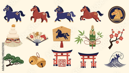 Collection of traditional Japanese New Year and cultural symbols including horses, kagami mochi, torii gates, and auspicious decorations.