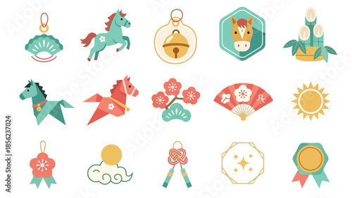 A collection of Japanese New Year and good luck charms with horses, fans, and traditional symbols in a flat design style.