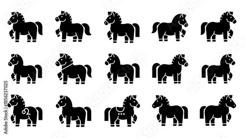 A grid of fifteen black silhouette horse icons, each with a slightly different pose or detail, presented on a white background.