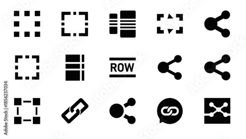 A collection of black and white vector icons representing selection, layout, sharing, and linking functionalities for user interfaces.