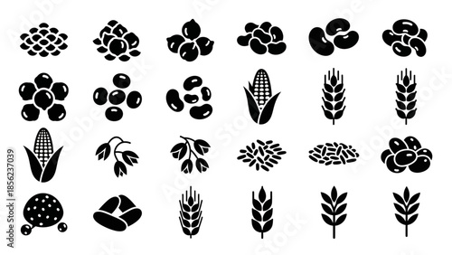Black and white icons of various grains, legumes, and seeds, including corn, wheat, beans, and peas, representing agricultural food products.