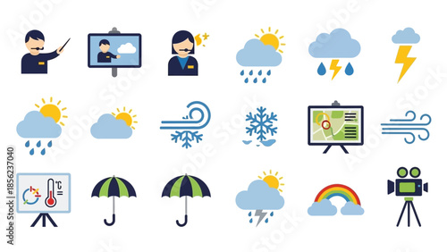 A comprehensive set of weather forecast icons including meteorologists, various weather conditions, and related tools.