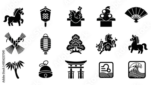 Collection of traditional Japanese cultural and new year celebration icons in black silhouette style, featuring horses, fans, lanterns, and torii gates.