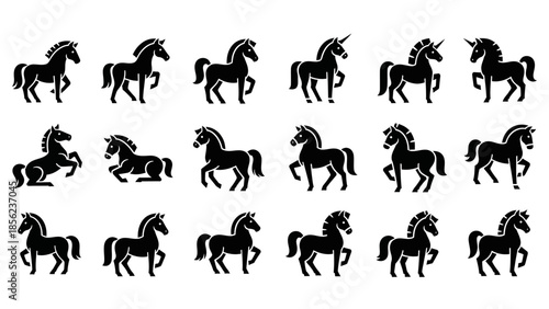 Collection of black silhouette horse and unicorn icons in various poses.