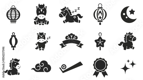 A collection of black and white icons featuring cute cartoon horses, traditional lanterns, and celestial elements like the moon and stars, along with decorative symbols.