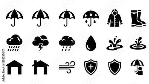 Set of black silhouette icons representing weather conditions, rain, wind, and various forms of protection and shelter, including umbrellas, rain gear, and houses.