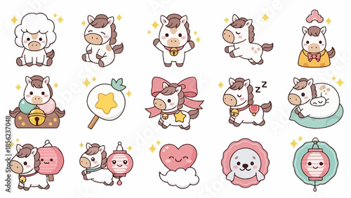 A collection of adorable cartoon horse illustrations in various poses and interactions, featuring cute animals and festive elements in a charming, whimsical style.