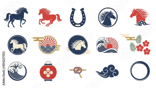 A collection of Japanese-style vector icons featuring horses, waves, sun, cherry blossoms, and traditional cultural elements.