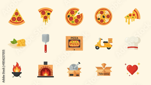 A collection of flat design icons related to pizza, including slices, whole pizzas, delivery items, cooking tools, and a heart symbol.