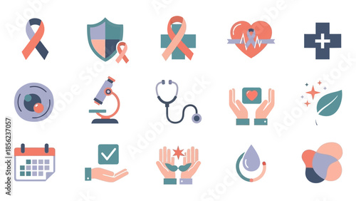 Collection of flat design health and medical icons for awareness, wellness, and care.