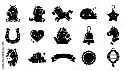 A collection of cute black silhouette icons featuring cartoon horses in various poses, a horseshoe, heart, star, bell, cloud, and other graphic elements.