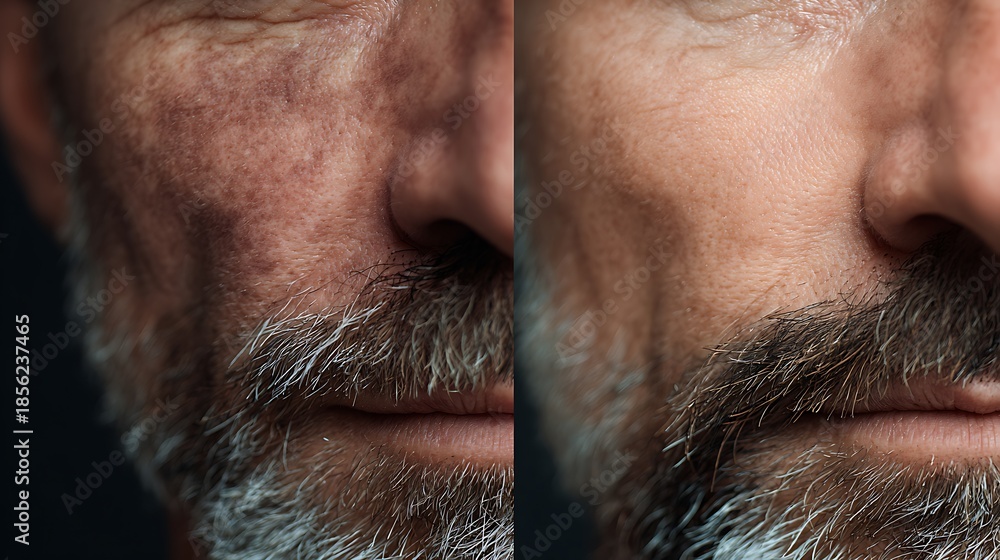 Obraz premium before-after sensitive men skin recovery, reactive damaged skin vs calm healthy skin