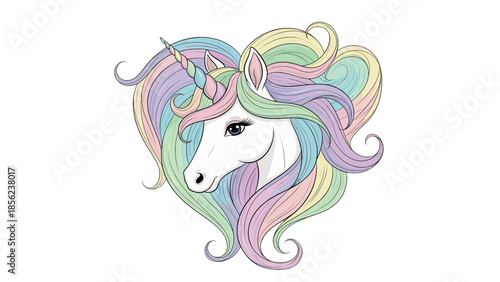 Charming illustration of a unicorn head with rainbow pastel mane shaped like a heart, perfect for fantasy and magical themes