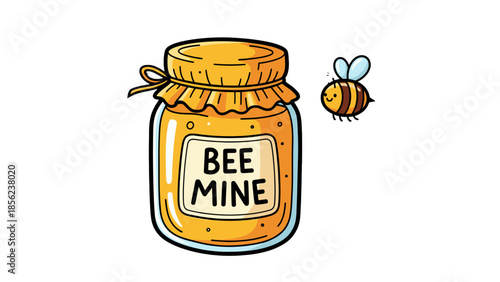 Cute cartoon jar of honey with bee mine label and a small bee flying nearby