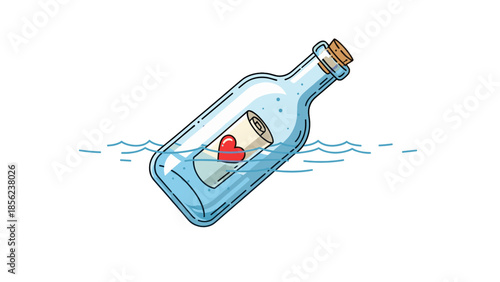 Message in a bottle with a love letter and red heart floating in water, communication concept, hand drawn vector illustration