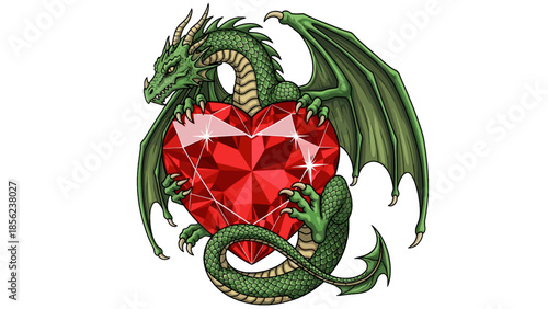 Green dragon embracing a large sparkling red gemstone heart fantasy creature illustration