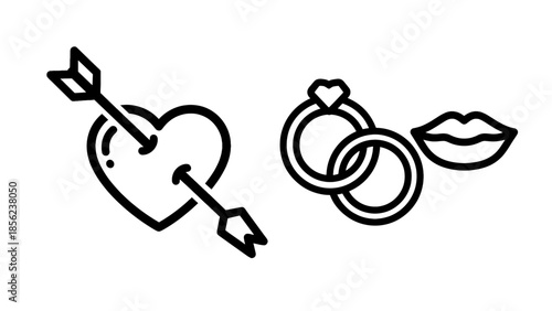 Set of love and romance icons heart pierced by cupids arrow, two interlocking wedding rings, and lips kiss mark outline