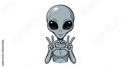 Cute cartoon grey alien making a heart shape with hands, peace sign gesture