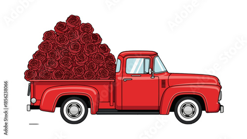 Vintage red pickup truck loaded with a huge pile of red roses for valentines day or romantic gift delivery