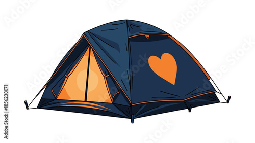 Dark blue camping tent with an orange heart design, illuminated from inside
