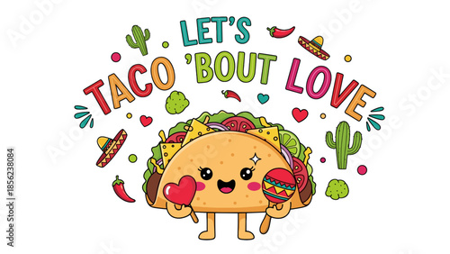 Cute kawaii taco character saying lets taco bout love with cactus and mexican decorations