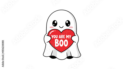 Cute cartoon ghost holding a red heart that says you are my boo