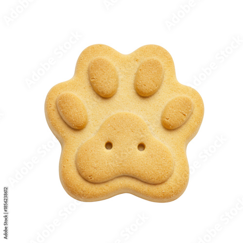 A perfectly formed golden-brown paw print biscuit, rough baked texture, two small holes, isolated on a transparent background with copy space. Concept of wholesome pet treats