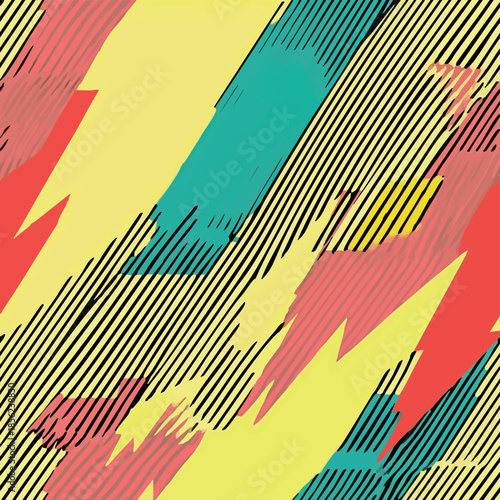 Seamless pop art inspired pattern with vibrant diagonal brush strokes, bold comic-style lines, and colorful retro texture. Ideal for fabric, wallpaper, wrapping paper, and digital design.