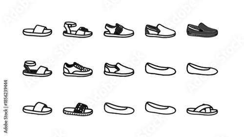 Vector illustration of various footwear types on transparent background