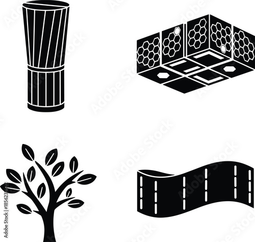 Silhouettes of musical instrument djembe and abstract geometric object architecture and tree and film.