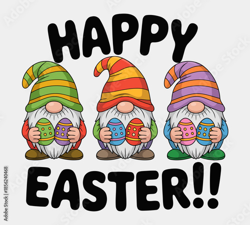Cute Easter Gnomes Holding Colorful Eggs and Happy Easter Message for a Joyful Holiday Design