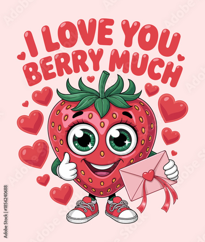 Cute Strawberry Character Holding Love Letter with I Love You Berry Much Message for Valentine’s Day