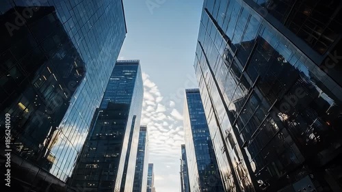 Wallpaper Mural Low angle view of modern glass skyscrapers reflecting blue sky and clouds in a bustling city center. Torontodigital.ca