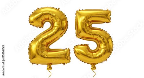 Two perfectly inflated, glossy golden foil balloons '2' and '5' forming '25' with delicate strings, on a transparent studio background, elegant celebratory concept.