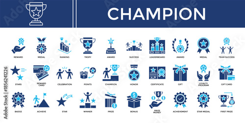 Champion icon set collection. Containing score, achieve, honor, certificate, program, win, profit .Solid vector icons collection