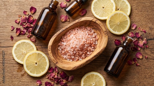 Natural holistic wellness composition with organic pink salt and essential oils.