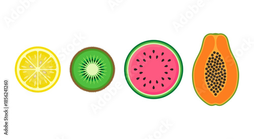 Assorted fruit slices displayed in a row on a white background