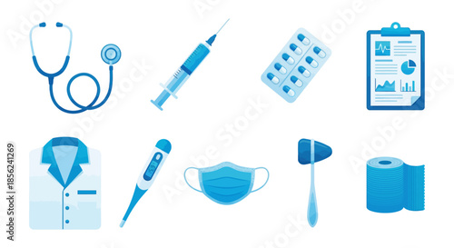 Medical supplies and equipment arranged neatly on a clean white background