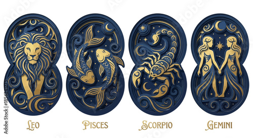 Zodiac signs illustrated in gold on dark blue ovals representing astrology and mysticism