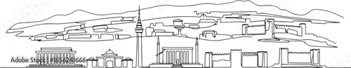 Minimal black single-line illustration of Ankara skyline, isolated on white.