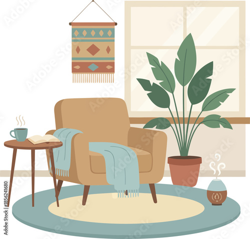 Comfortable armchair in a cozy hygge style living room interior.