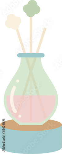 Pastel illustration of a home fragrance reed diffuser with flower sticks.