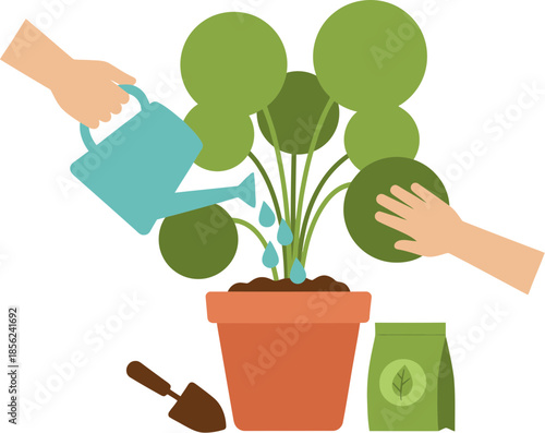 Vector illustration of hands caring for a green potted plant with gardening tools.