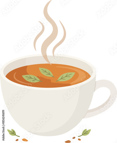 Steaming hot cup of herbal tea with fresh leaves isolated.