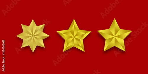 Three shiny golden stars on a red background symbolizing high rating, premium quality, and top achievement. Ideal for reviews, awards, business evaluation, and quality assessment.