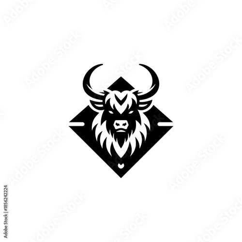 Strong buffalo or yak head logo in bold black and white vector style, isolated on white background