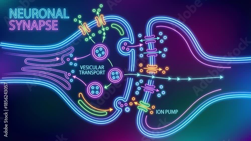 Neuronal synapse diagram drawn in neon lines with vesicular transport, synaptic cleft and ion pumps. Schematic emphasizes neurotransmitter release, receptor binding and signal transmission for educati